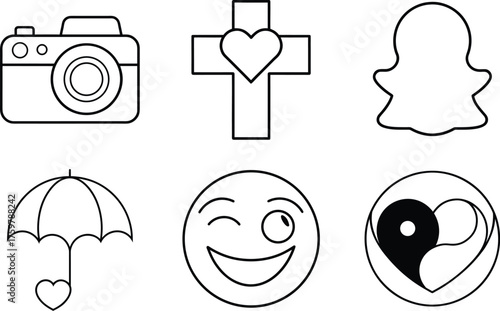 Mixed Icon Set Camera, Heart, Cross, Emoji, Umbrella, Yin Yang Outline Vector Illustration