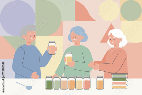 Smiling seniors prepare and share nutritious food in jars Healthy eating community and senior wellbeing