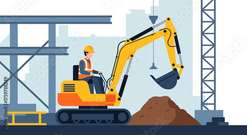 Worker operates excavator on a construction site symbolizing building development and heavy labor