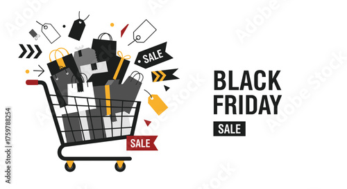 Black Friday mega sale graphic Shopping cart overflowing with purchase bags