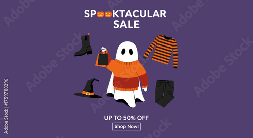 Friendly ghost shopping for Halloween apparel during a Spooktacular Sale Perfect for seasonal promotions and retail