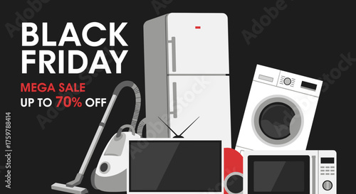 Black Friday Mega Sale banner featuring major household appliances and electronics promotion