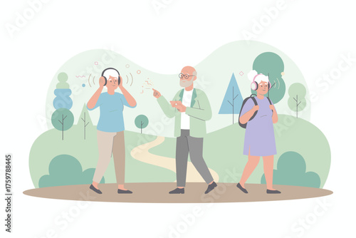 Seniors enjoying music and tech with headphones in a park embracing an active connected lifestyle
