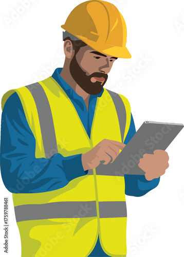 Construction worker using digital tablet on a building site project