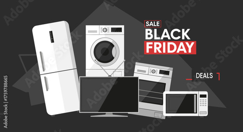 Black Friday sale graphic showing household appliances and electronics for discount shopping deals