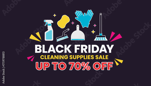Black Friday cleaning supplies sale banner with discount featuring household cleaning tools