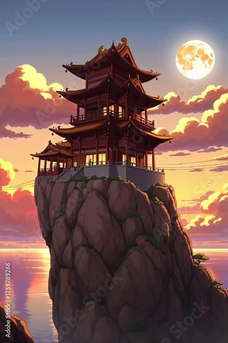Majestic mountain temple overlooks serene waters at sunset with a bright moon in the sky