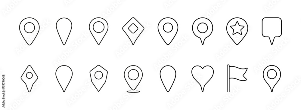 Fototapeta premium Minimalist outline map pin icons collection for navigation and location apps