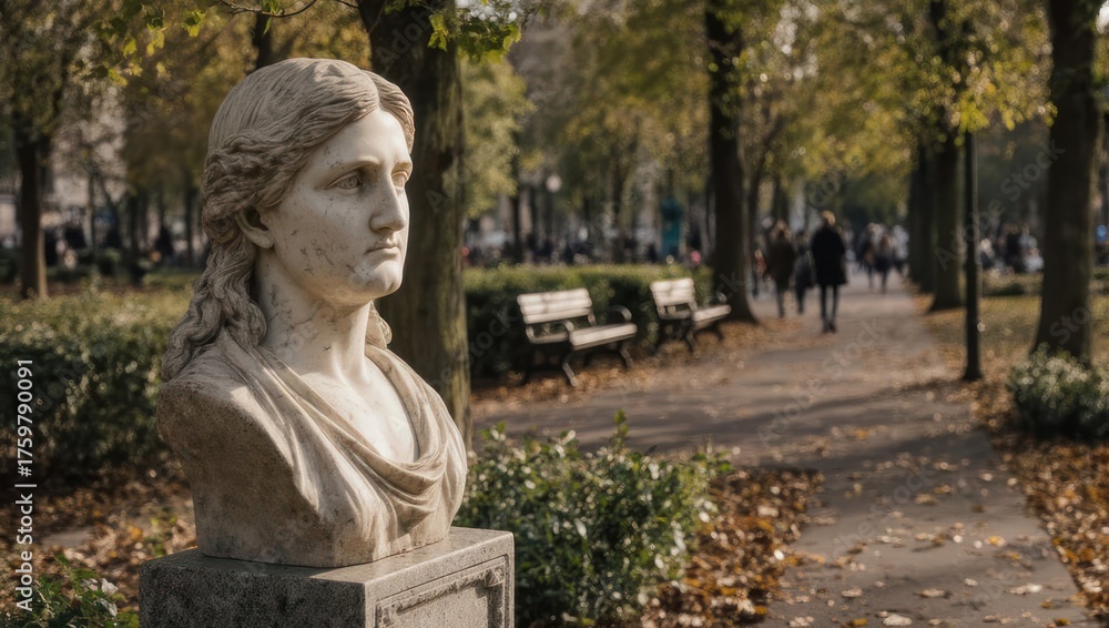 Obraz premium Elegant Marble Bust in a Serene Autumn Park Setting.