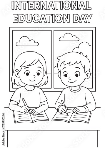 coloring book two students writing by classroom window International Education Day