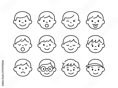 Cute kids' emoji faces display various expressions in minimalistic black line style
