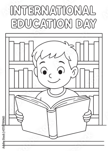 coloring book boy reading a large book in library International Education Day