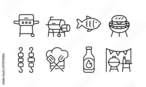 Simple line art barbecue icons and grilling elements collection