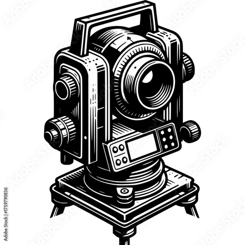 Precise Measurement Tool: Theodolite: This intricate illustration captures the essence of a theodolite, a precision instrument. A tool designed for accurate angle and distance measurements.