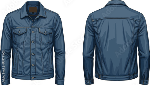 Blue denim jacket, fashion illustration, front and back view, button closure, chest pockets, garment sketch, technical drawing, stylish outerwear design