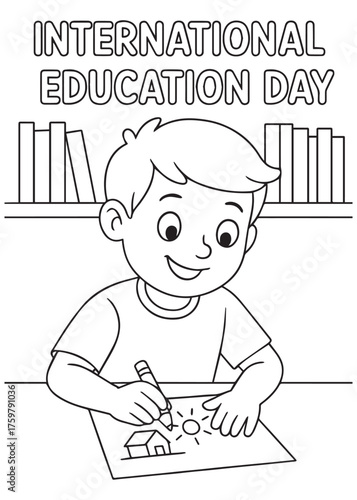 coloring book boy writing shapes on worksheet International Education Day