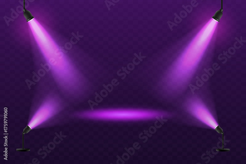 A realistic purple background with glowing rays and stage lighting. An elegant studio lighting effect for presentations, shows, concerts, or advertising. Vector illustration with a transparent backgro