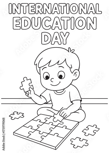 coloring book boy solving big jigsaw puzzle International Education Day