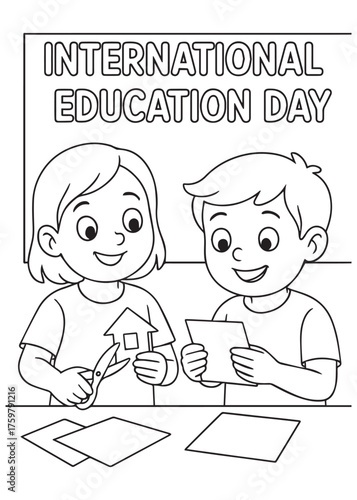 coloring book two kids folding paper shapes together International Education Day