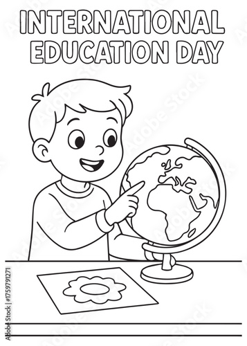 coloring book boy pointing at globe in class International Education Day
