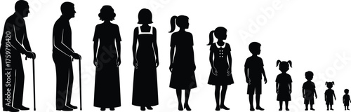 Silhouette illustration showing growth stages of human life from childhood to adulthood and old age, family generations vector design