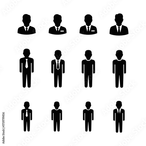Collection of black silhouette icons representing men in business attire
