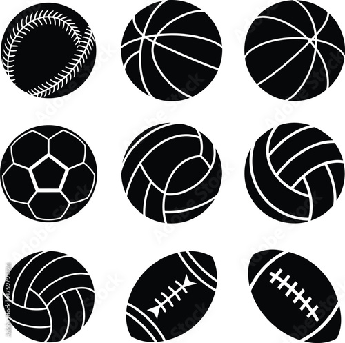 Sports Balls Vector Icon Set Baseball, Basketball, Volleyball, Soccer, and Rugby Outline Illustration