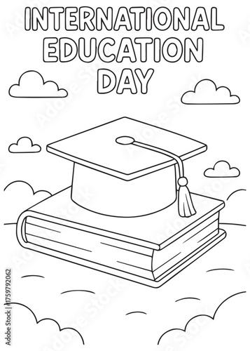 coloring book graduation cap on stacked books International Education Day