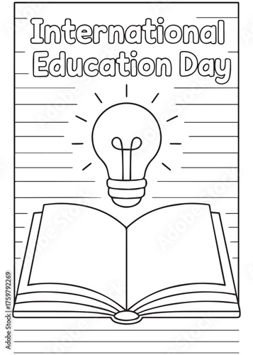 coloring book open book with bright lightbulb International Education Day