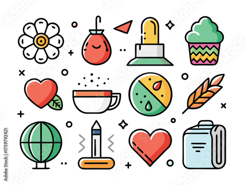 A Collection Of Quirky Vector Icons Featuring Various Objects And Abstract