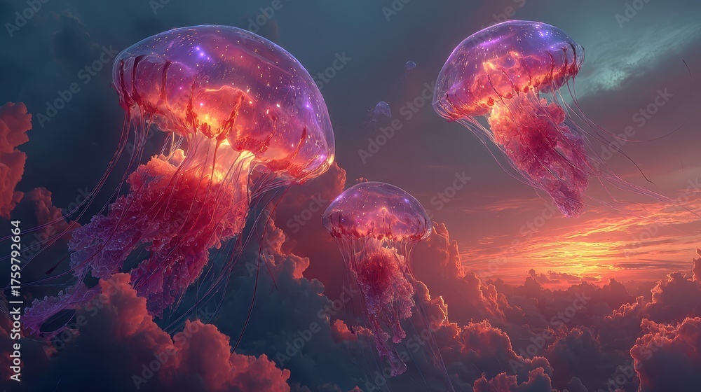Naklejka premium Colorful jellyfish floating in vibrant clouds. AI generate