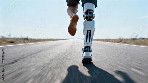 A close-up of a figure with one robotic foot and one normal human foot stepping onto the road.