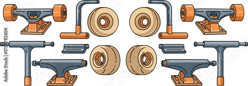 Skateboard Components Isolated: Urban Recreation Accessories for Extreme Sports & Active Lifestyle Graphics - Colorful Vector Illustration with Trucks, Wheels, Hardware for Skateboarding Design & Main