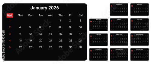 Calendar 2026 with week number. Simple black calendar  of year 2026, week start from Sunday. Vector illustration