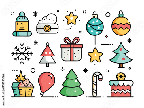 Festive Holiday Icon Set Shows Christmas Ornaments And Related Seasonal Items