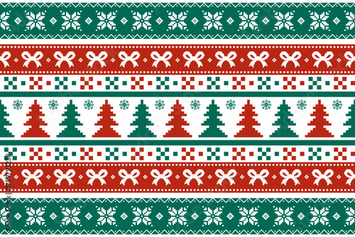Textile Christmas pixel pattern featuring trees, bows, and snowflakes in red and green. Design for fabric, clothing, wrapping, and festive products. Vector illustration.