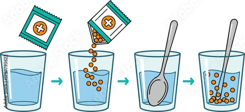 Oral Rehydration Therapy Preparation Steps: Dissolving Electrolyte Powder for Dehydration Treatment in Glass of Water - Illustrated Medical Guide for Healthcare, Recovery, Wellness, Hydration Process,