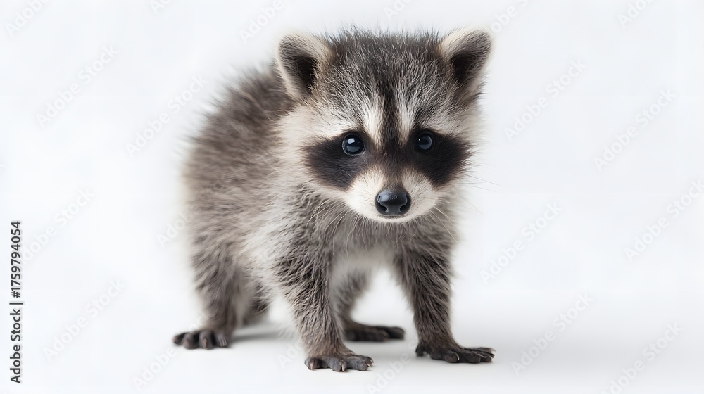 Obraz premium A curious young raccoon stands on a clean white background.