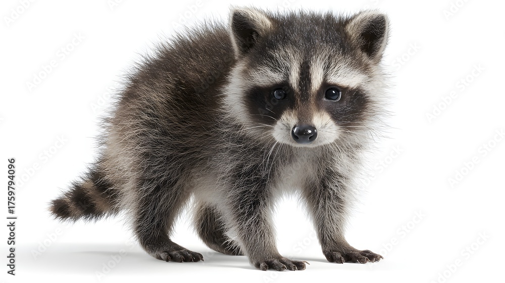 Fototapeta premium Young raccoon stands on white background looking at camera.