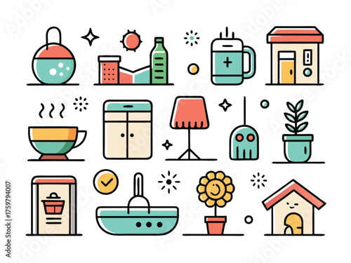 Whimsical Icons Showcase Stylized Home Objects Plants And Various Household