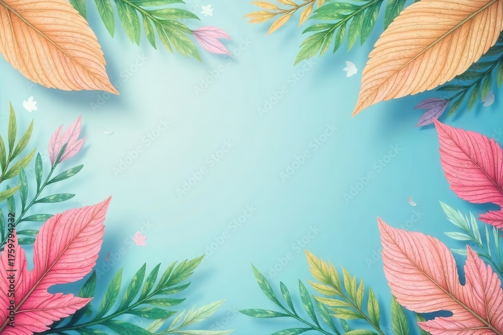 Fototapeta premium Colorful foliage and fern fronds frame a soft blue background with delicate petal accents