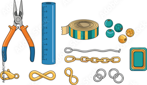 Jewelry Making Supplies Arranged for Crafting Projects: Tools, Beads, Ruler, Tape, Findings, Clasps, Chains & Connectors for Creative Designs, DIY Hobbies, Fashion Accessories, Fine Arts, Jewelers, Go