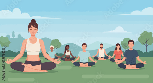 Diverse group practicing yoga outdoors, promoting wellness and mindfulness in nature setting