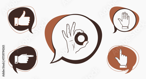 Diverse hand gestures in speech bubbles for communication and expression illustrations