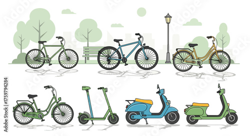 Diverse sustainable transportation options in a park setting showcasing bikes and scooters