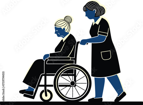 Elderly Woman in Wheelchair Assisted by Caregiver in Hospital Setting Illustrating Geriatric Care and Support Services, Depicting Compassion, Empathy and Medical Assistance for Aging Population, Healt