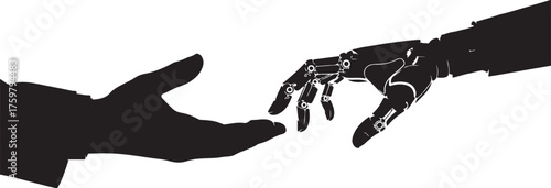 Human and Robot Hand Reaching Out Connection Interaction of Artificial Intelligence with Humanity Black and White Graphic