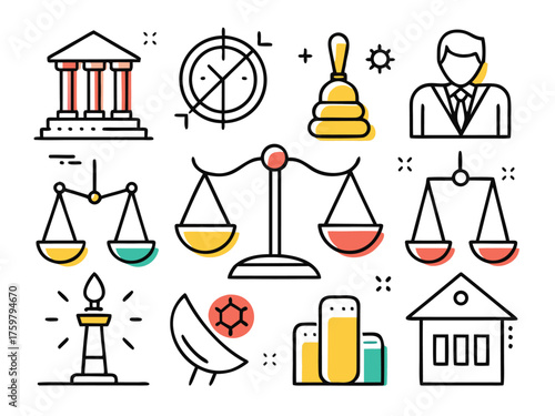 Modern Line Icon Set Displays Law And Justice Related Symbols With Balance