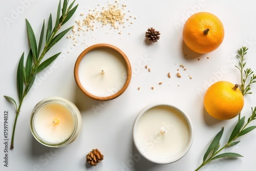 Three white candles with green sprigs pinecones and oranges on a white background