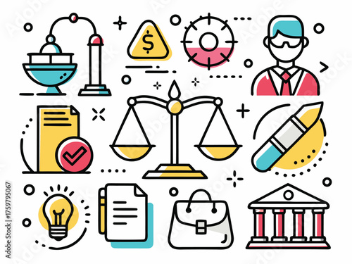 Outlined Legal Icons Show Justice Finance And Law On White Background